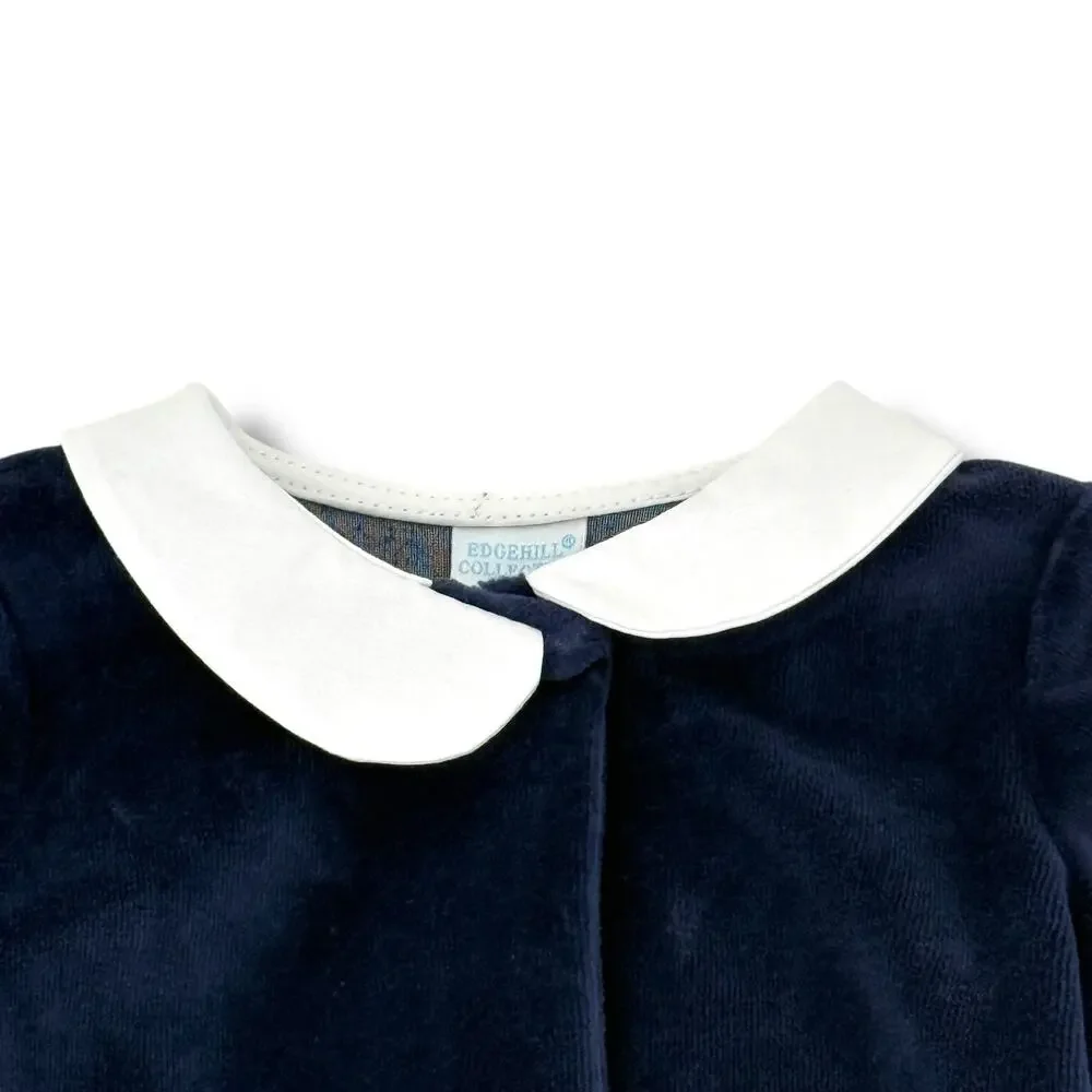 Edgehill Collection Baby Boy Navy Velour Footed Romper Sz NB Peter Pan Collar